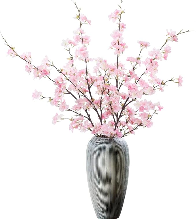 LESING 4pcs Artificial Cherry Blossom Stems,41.4" Realistic Fake Silk Long Stems Artificial Flower Branches for Floor Table Home Wedding Decoration (Pink-1)