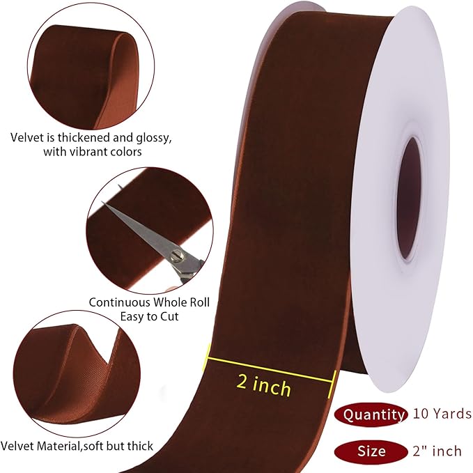 10 Yards Brown Velvet Ribbon 2 Inch for Christmas Tree,Dark Brown Velvet Christmas Ribbon for Gift Wrapping Crafts Bow Wreath Holiday Decorations (Dark Brown)