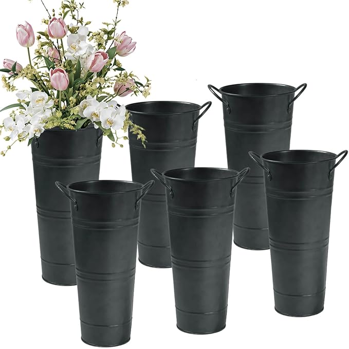 9 Inch Galvanized Metal Vases for Flowers - 6 Pcs Farmhouse Decorative Tall Flower Bucket with Handles, Rustic French Tin Planter Buckets for Wedding Decor (Galvanized Black)