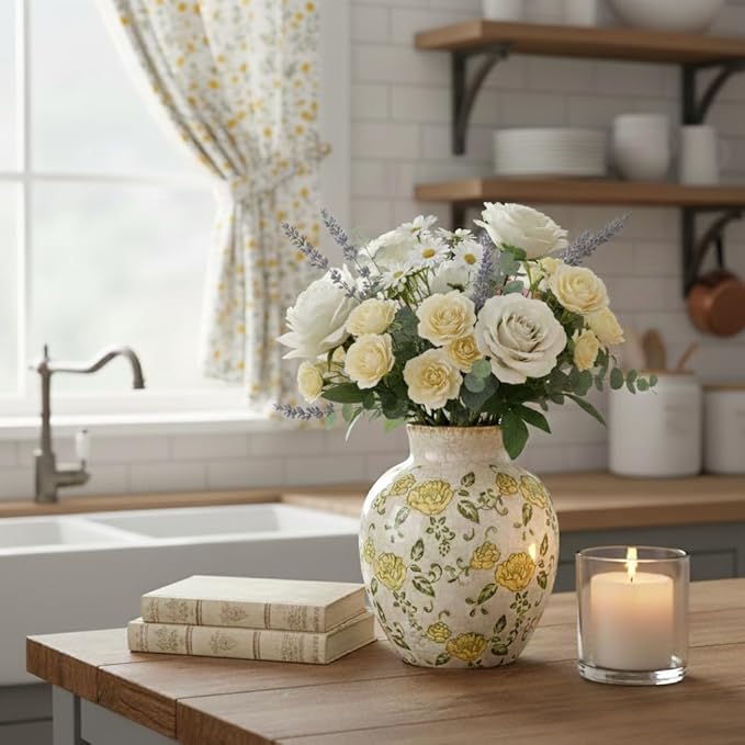 SIDUCAL Ceramic Vintage Vase, 5.83 Inch Yellow Rose Chinoiserie Floral Vase, Rustic Farmhouse Vases for Bouquet, Home Decor, Living Room, Bookshelf, Garden, Tuscan Decor