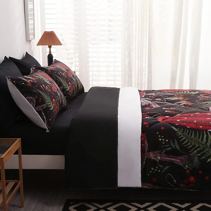 7 Piece Mushroom Comforter Set Full/Queen Size Mushroom Bedding Set Bed in A Bag 3D Plants Colorful Red Black Boho Quilt Set for Kid Boys Girls Teens Woman Adults All Season