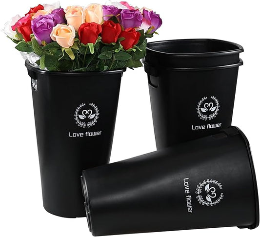 16 Inch Plastic Flower Buckets with Cutout Handles, 4 Pack Tall Cut Flower Buckets Vase for Home Wedding, Black