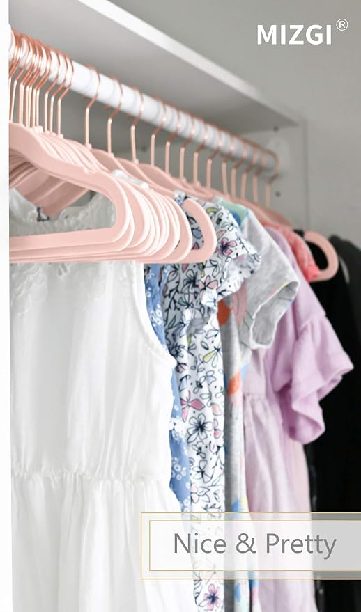 MIZGI Premium Kids Velvet Hangers (Pack of 50) with Copper/Rose Gold Hooks,Space Saving Ultra Thin,Non Slip Baby Hangers for Children's Skirt Dress Pants,Clothes Hangers(Blush Pink)
