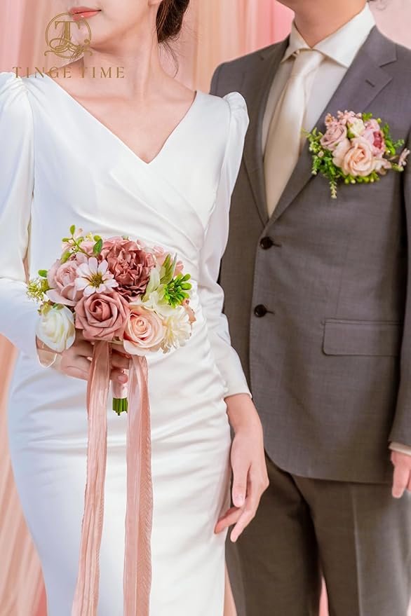 TINGE TIME 9 inch Bridal Bouquets for Bride, Artificial Silk Flowers Tossing Bouquet, Bride Bouquets for Wedding,Ceremony, Anniversary (DustyRose&Cream)