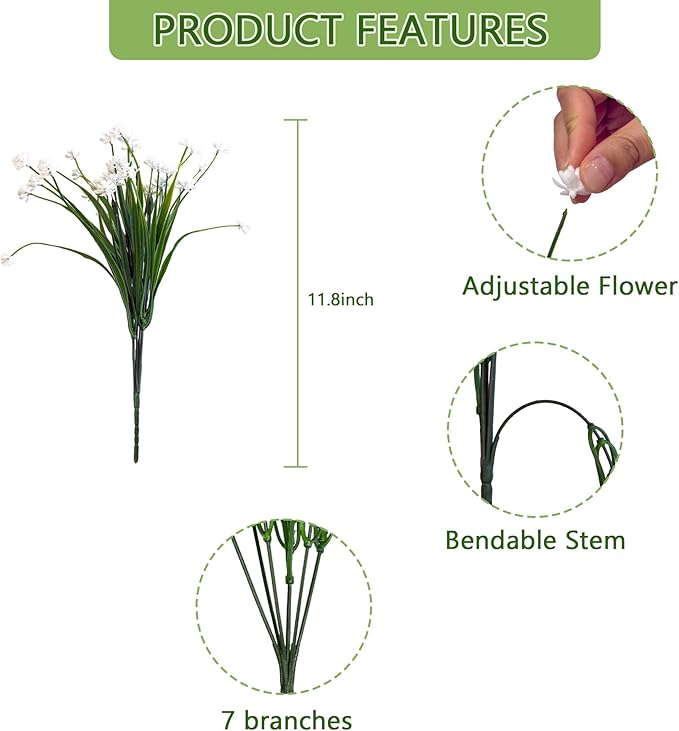 Artificial Flowers Outdoors, 12 Bundles No Fade Fake Flowers UV-Anti Easy to Clean Faux Greenery Plants Faux Plastic Plants Garden for Indoor Outdoor Home Garden Decoration, White