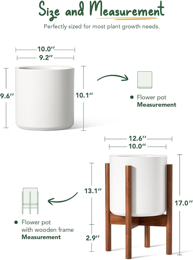 LE TAUCI 10 Inch Planter with Acacia Wood Stand, Ceramic Planter for Indoor Plants with Plant Holder, Mid-Century Modern Home Decor, Round Flower Pots with Drainage Hole, White