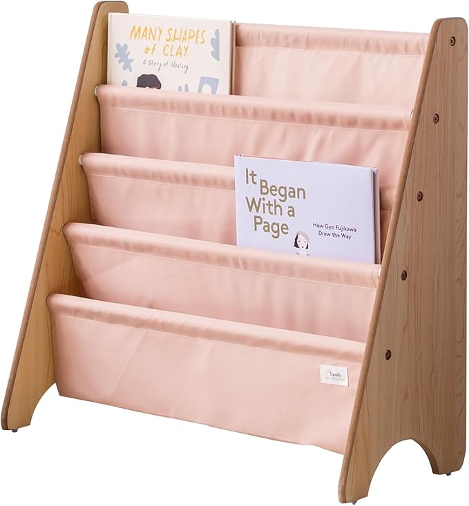 3 Sprouts Recycled Fabric Kids Bookshelf – 4-Tier Sling Book Rack Organizer - Nursery Room Playroom Classroom Wooden Book Shelves - Kid Bookcase Wood Storage Shelf for Toddler Age 3+ - Clay