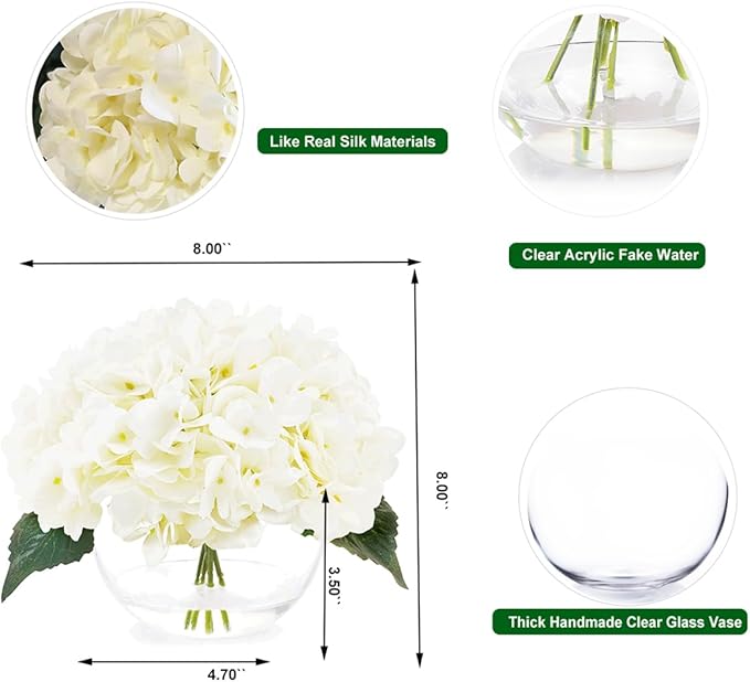 Silk Hydrangea Flowers in Vase, Small Silk Flowers in Vase with Faux Water for Home Decor Wedding Table (Cream White)