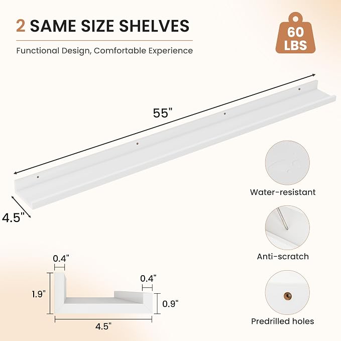 Dreamland Picture Ledge Shelf for Wall, Floating Shelves Set of 2,55 inch Long Floating Shelves with Lip for Living Room,Bedroom,Bathroom,Kitchen,White