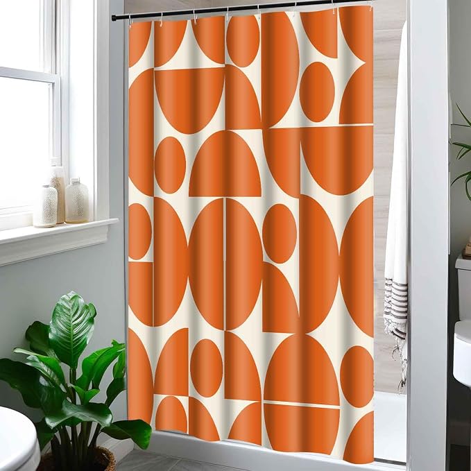Vintage Orange Mid Century Modern Shower Curtain Boho Abstract Geometric Art Shower Curtains for Bathroom Decor 48x72 Inch 70s 80s Retro Washable Fabric Bathroom Set with 8 Hooks