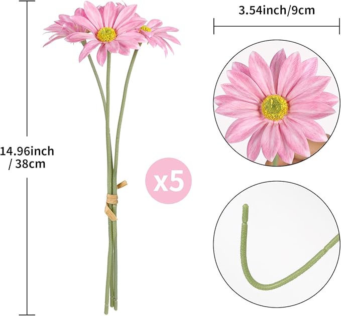 IPOPU 15pcs Daisies Artificial Flowers Faux Pink Daisies Flowers 12" Fake Wildflowers Flower Silk Flowers for Floral Arrangements Wedding Home Garden Decor (Pink)