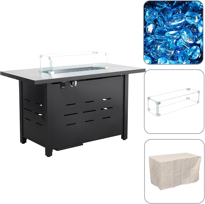 Propane Fire Pit 43 Inch Outdoor Fire Pit 50000 BTU Rectangle Gas Fire Table with Steel Lid, Blue Crystal Beads, Glass Wind Guard and Waterproof Cover for Outside Patio and Garden