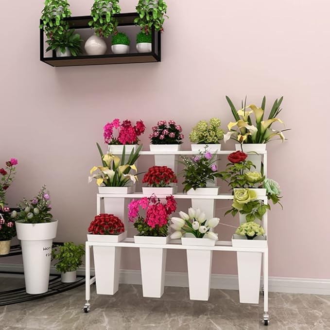 Flower Display Stand with 12pcs Bucket,Heavy Duty Plant Stand with Wheels,33in Tall Flower Cart 3 Tier Flower Shelf for Florist Garden Patio (White)