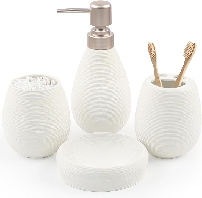 CERBIOR Bathroom Accessories Set,4 Pcs Ceramic Bathroom Decor Accessory,Includes Toothbrush Holder, Toothbrush Cup, Soap Dish for Decorative Countertop and Housewarming Gift(White 4pcs)