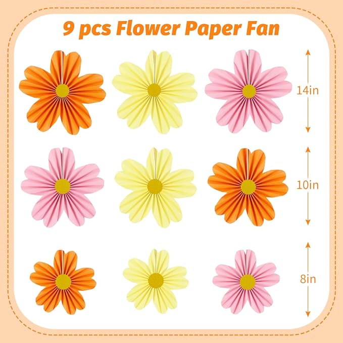 YUNXUAN Pink and Orange Party Decorations Paper Fan Paper Flowers Decorations for Wall Floral Backdrop Classroom Baby Shower Birthday Flower Wall Decor Pack of 9 Pink Orange