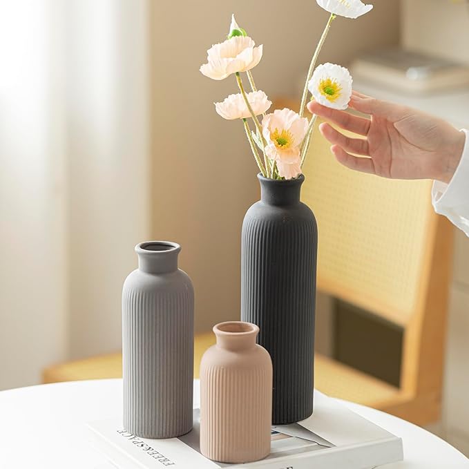 Modern Ceramic Vase Set, Black Ribbed Matte Design, 3-Piece Decorative Vases for Home, Living Room, Office (Black Mix)