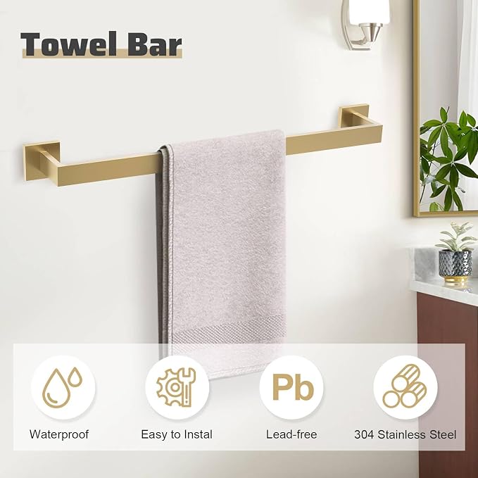 5-Piece Towel Bar Set Brushed Gold Bathroom Hardware Accessories Set Includes Upgraded Double Base Toilet Paper Holder,Modern Square Towel Holder Set Stainless Steel Wall Mount 23.6 Inch