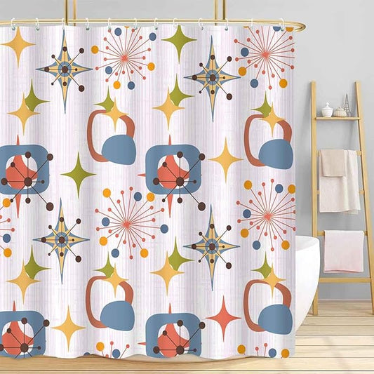 Mid Century Shower Curtain, 72x78inch, Modern Abstract Retro Pink Striped Geometric Shower Curtain Sets 1950s Boho Bathroom Shower Curtain with 12 Hooks