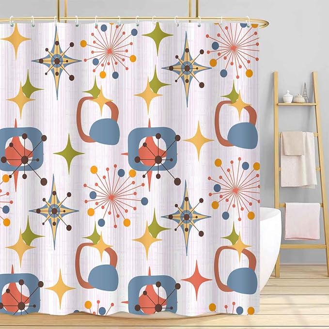 Mid Century Shower Curtain, 72x72inch, Modern Abstract Retro Pink Striped Geometric Shower Curtain Sets 1950s Boho Bathroom Shower Curtain with 12 Hooks