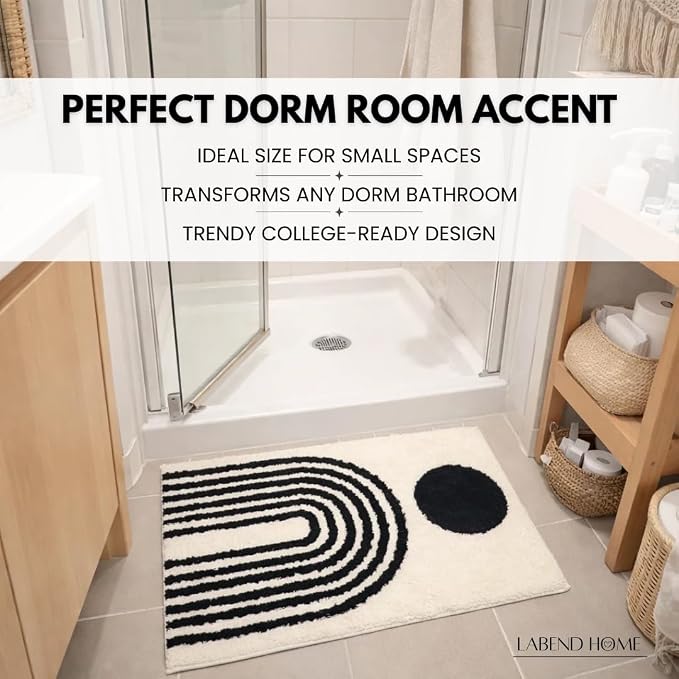LABEND HOME Boho Bathroom Rug 20”x31.5” - Black and Ivory Abstract Rainbow Arches Bath Mat - Mid Century Modern Geometric Art - Non-Slip Machine Washable - Bohemian Decor Dorm Room Rug