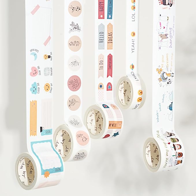 WT Planner’s Washi Tape Sticker Set, 5 Rolls, Original Floral Weekly Decorative Stickers, Cute Pastel Adhesive Tape for Planners, Journals, Bujo, DIY Crafts, Stationery Supplies