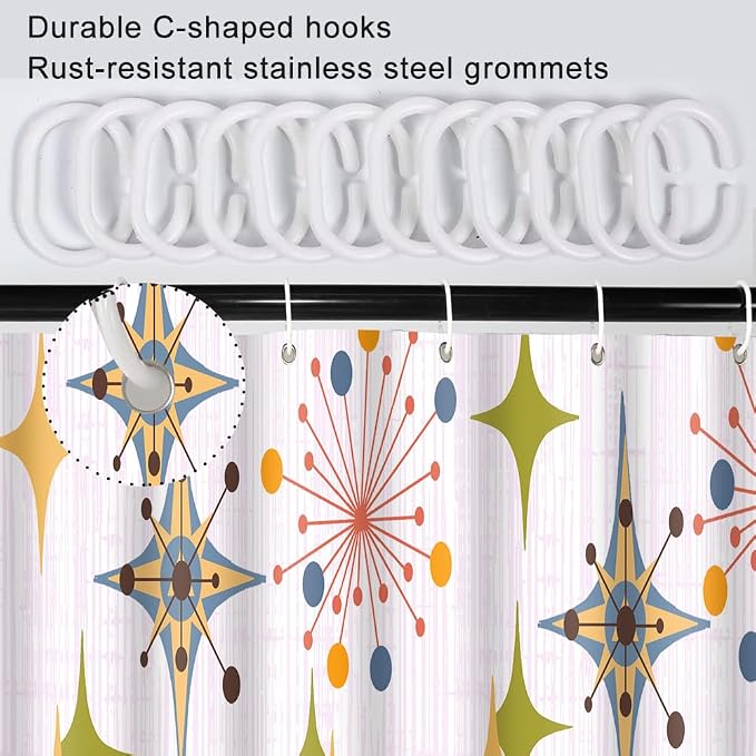 Mid Century Shower Curtain, 72x78inch, Modern Abstract Retro Pink Striped Geometric Shower Curtain Sets 1950s Boho Bathroom Shower Curtain with 12 Hooks