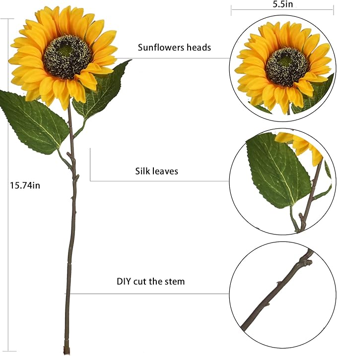 8pcs Artificial Sunflower Flowers Long Stem Large Silk Sunflowers Bridal Wedding Bouquet Fake Yellow Flower Arrangements for Outdoor
