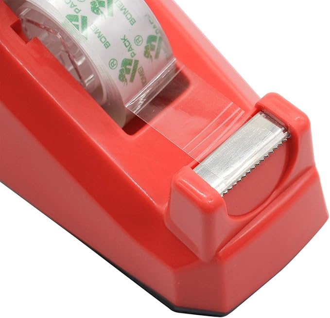 BOMEI PACK Cute Red Desk Tape Dispensers, 1 Pack with 12Rolls Transparent Tape, 1 Inch Core, for School, Office and Home DIY