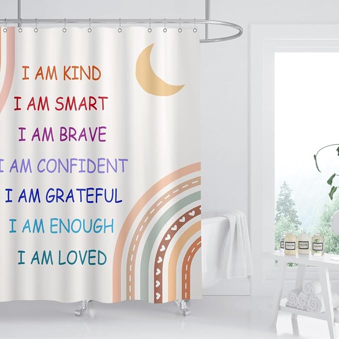 Boho Rainbow Quotes Shower Curtain Colorful Inspirational Positive Kids Teen Girls Abstract Moon Sun Fabric Home Bathroom Decor Waterproof Fabric 72Lx72W Inch with Plastic 12PCS Hooks