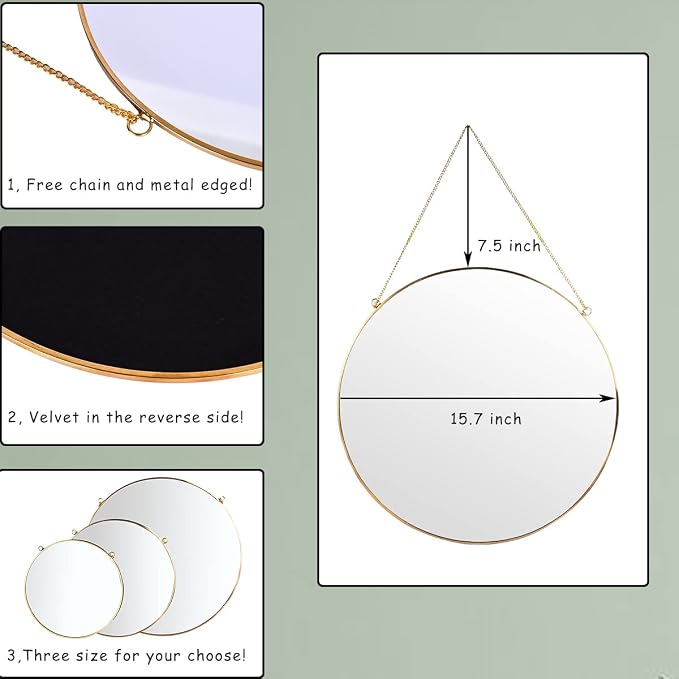 LONGWIN Hanging Wall Circle Mirror Decor Gold Geometric Mirror with Chain for Bathroom Bedroom Living Room 15.7"