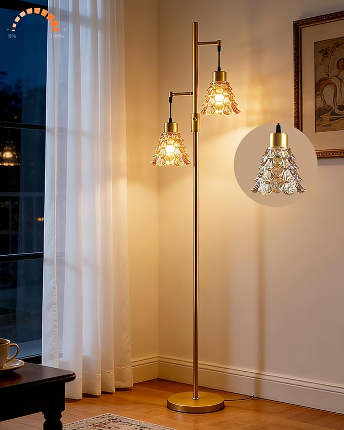 Lightdot 65IN Glass Floor Lamp for Living Room, 2- Light Gold Floor Lamps with Amber Glass Shade& Warm White Bulbs, Modern Standing Tall Lamp with 5Lbs Heavy Base for Bedroom/Corner Beside/Home Decor