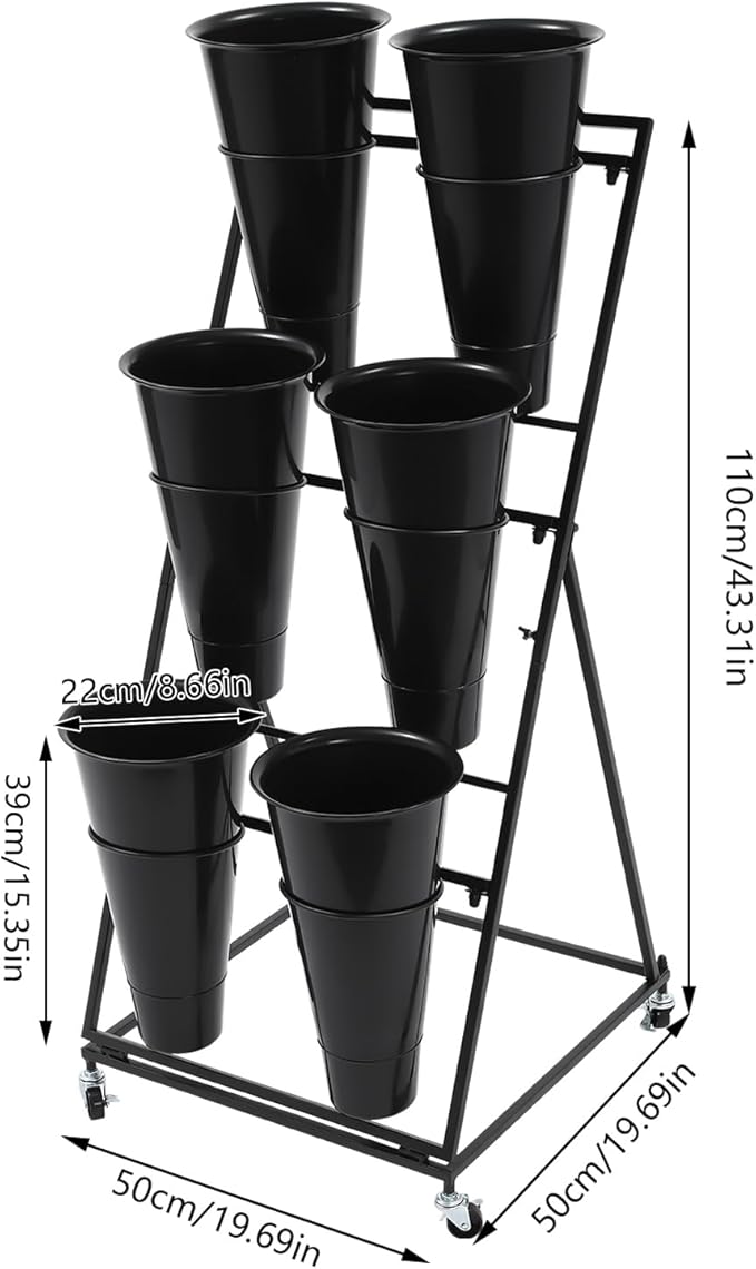 Flower Display Stand with 6 Buckets, 3 Layer Metal Plant Stand Indoor with Wheels, Heavy Duty Moving Flower Cart Flower Rack for Outdoor Patio, Garden, Florist