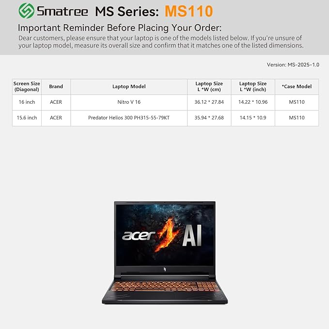 Smatree MS110 Hard EVA Protective Sleeve Case with Stand Compatible for 15.6 inch Acer Predator Helios 300 Gaming Laptop-PH315-55-79KT, for 16 inch Acer Nitro V 16