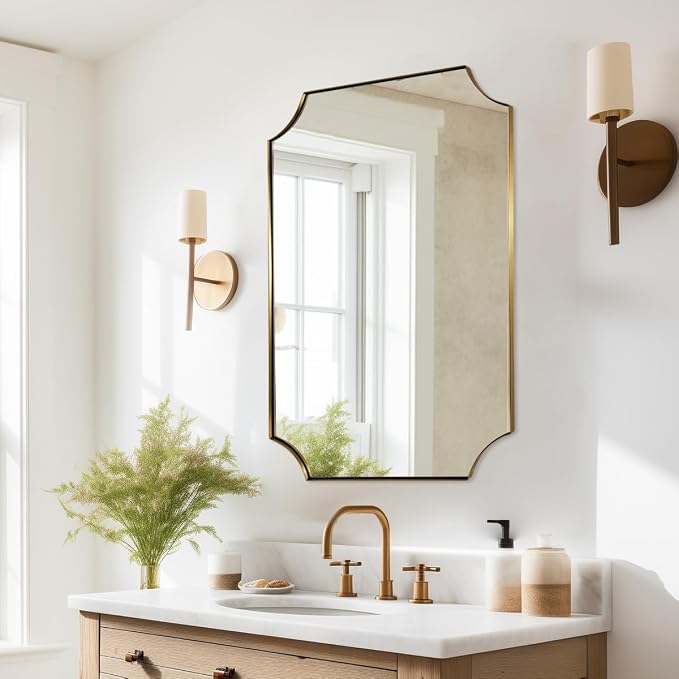 ANDY STAR Brushed Gold Rectangle Mirror, 24x36 Inch Scalloped Bathroom Mirror, Unique Rectangular Mirror with Scalloped Design, Anti-Rust Stainless Steel Frame Deep 1"