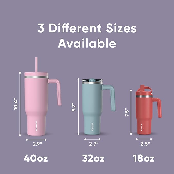 Hydrapeak Voyager 40 Oz Stainless Steel Tumbler with Handle, Insulated Water Bottle With Straw & Lid, Cupholder Friendly Reusable Travel Mug (Lavender)