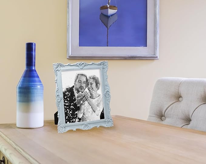 Laura Ashley 8x10 Powder Blue Ornate Textured Hand-Crafted Resin Picture Frame w/Easel & Hook for Tabletop & Wall Display, Decorative Floral Design Home Décor, Photo Gallery, Art (8x10, Powder Blue)