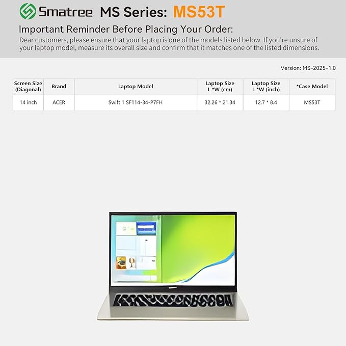 Smatree MS53T Hard EVA Protective Sleeve Case with Stand Compatible for 14 inch Acer Swift 1 Laptop-SF114-34-P7FH