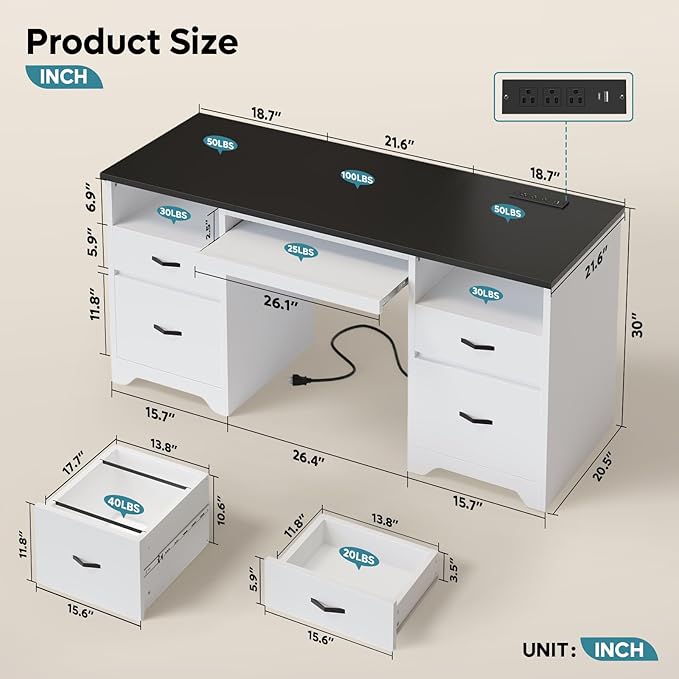 Bestier 59” Computer Desk with 4 Drawers, Office Desk with Storage, Modern Executive Desk with Charging Station, Keyboard Tray & Wooden Pedestals on Both Sides for Home Office & Studio, White