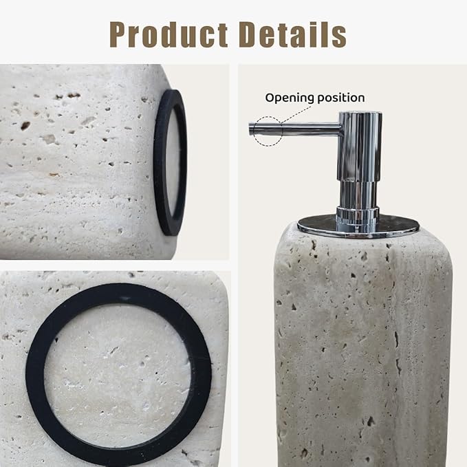 Travertine Stone Soap Dispenser Natural Organic Bathroom Soap Pump with Metal Push Pump, Elegant Square Hand Lotion Jar, Premium Heavy Duty Pump Bottle Lotion Jar for Kitchen/Laundry Room(Ivory White)