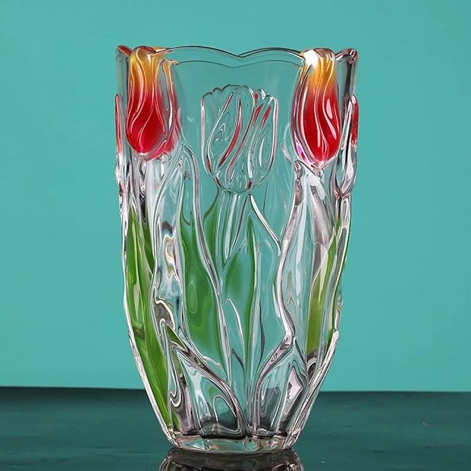 Glass Flowers Vase 9.3 inch Tall, Unique Crystal Vases for Tables Centerpieces, Vintage and Tulip Shape Large Vases Christmas Thanksgiving Gifts. (Green)