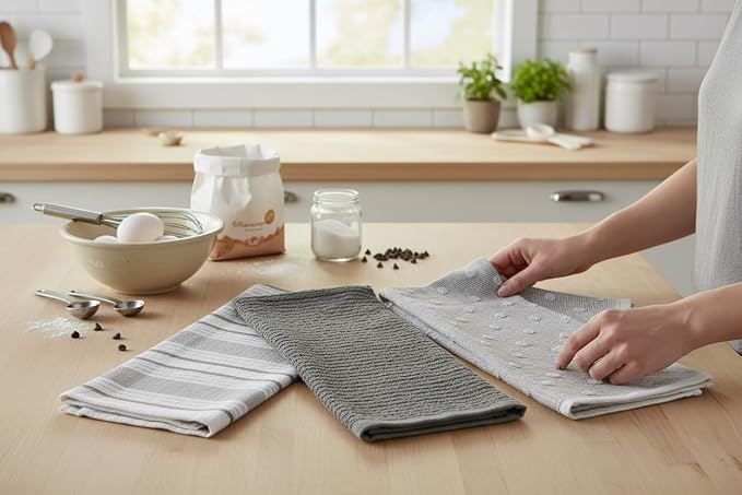 Grey White Kitchen Hand Dish Towels: Oversized 28" x 16",100% Cotton Cloth Soft Cleaning Drying Absorbent Gray Striped Solid Polka Dot Design, Set of 3 Multipurpose for Everyday Use (Grey Austin)