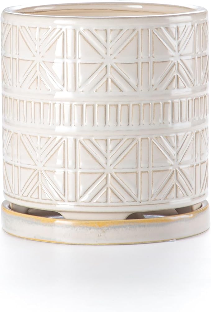 Ceramic Plant Pots Indoor-Outdoor: 6 Inch Embossed Planters with Drainage Hole & Saucer - Modern Decorative Flower Pots for Home Garden Patio Office Decor