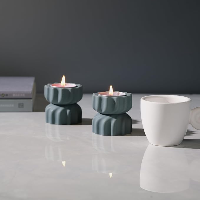 Spiral Grain Tealight Candle Holder Set of 2; Cement Tea Light Votive Candle Holder with a Twist; Decorative Small Cement Tea Light for Coffee or Dining Table Decor; 2 x 2.1 Inches