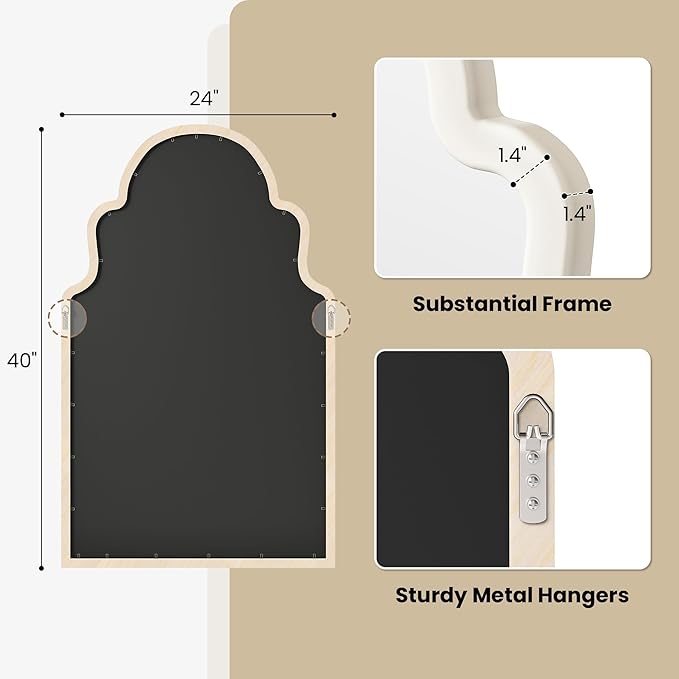 40"x24" French Country Arched Mirror, Creamy Off-White Wood Frame for Fireplace Mantel, Large Farmhouse Wall Mirror for Bathroom Vanity & Bedroom, Warm Beige Tone
