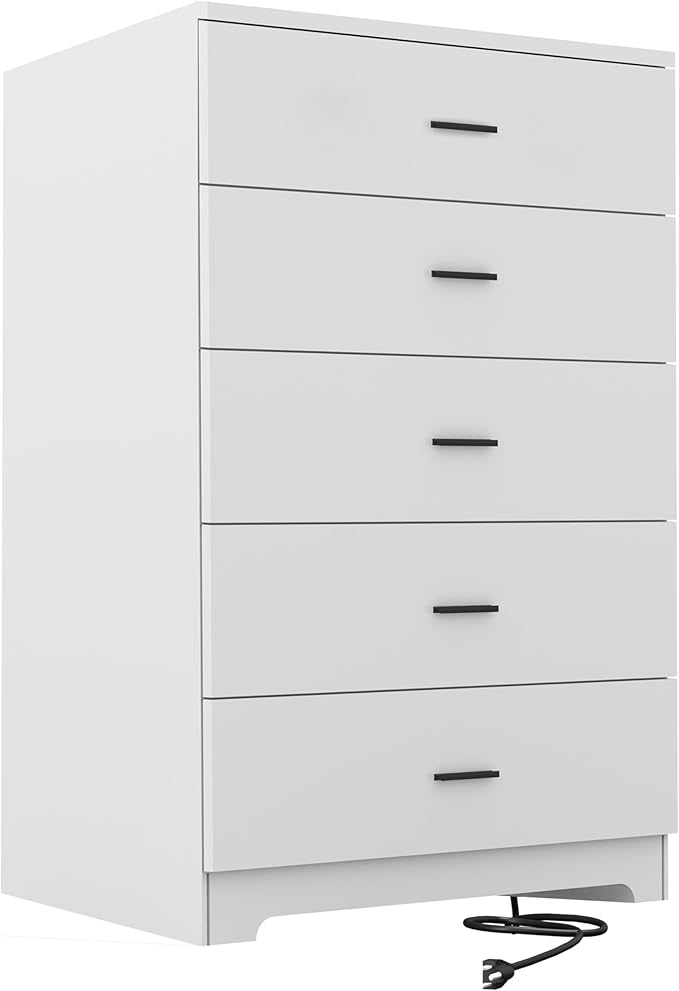 Dresser for Bedroom with Power Outlets Wood 5 Drawer Dresser with Large Storage Space White Chest of Drawers with Smooth Metal Rail Tall Storage Organizer for Bedroom Living Room Closet