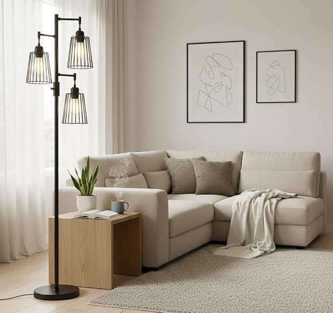 PESRAE Dimmable Industrial Floor Lamp, Farmhouse Floor Lamp Standing Lamp with 3 Elegant Teardrop Cage Heads & Included 3 x 1200LM Edison LED Bulbs, Tall Lamp for Living Room, Bedroom (Matte Black)