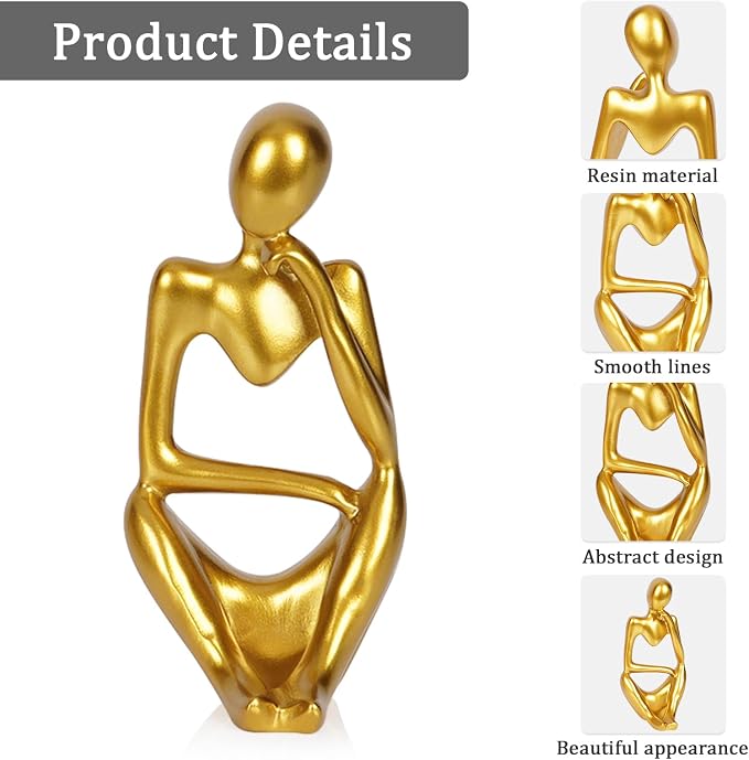 Sandstone Resin Thinker Style Abstract Sculpture Statue Collectible Figurines Home Office Bookshelf Desktop Decor (Small Gold, Right)