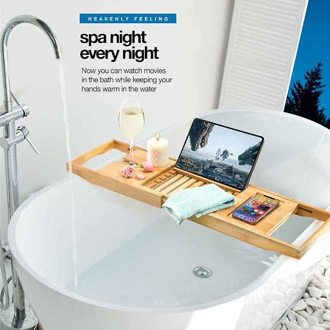 Luxury Foldable Bathtub Tray Caddy - Waterproof Wood Bath Tray for Tub, Expandable Size Fits Most Tubs, Bathroom Accessories for New Home & Mothers, Birthday Gifts for Mom