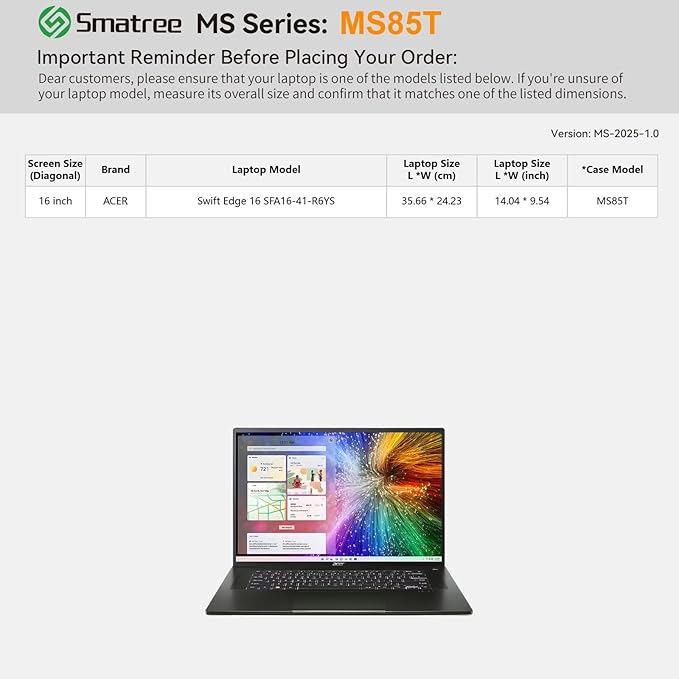 Smatree MS85T Hard EVA Protective Sleeve Case with Stand Compatible for 16 inch Acer Swift Edge 16 Laptop - SFA16-41-R6YS Waterproof Sleeve, White
