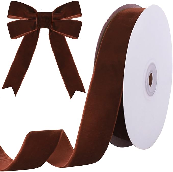 10 Yards Brown Velvet Ribbon 1 Inch for Christmas Tree,Velvet Christmas Ribbon for Gift Wrapping Crafts Bow Wreath Holiday Decorations (Brown)